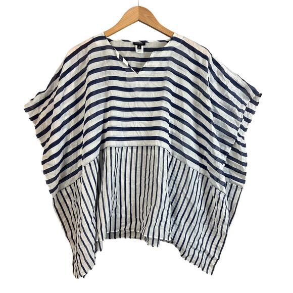 Talbots Silk Navy Blue White Semi-sheer Lighweight Kaftan Poncho Tunic Top S - Picture 1 of 9